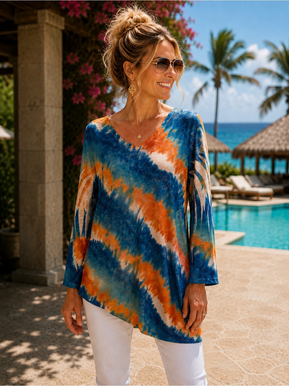 Reba Tie Dye Tunic Top L Blue Orange Gold Shimmer Boho Beachy